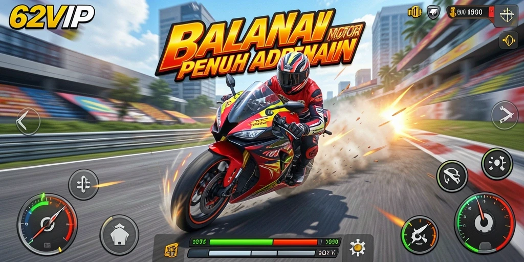 Tampilan gameplay mendebarkan di 62VIP dengan balapan motor.