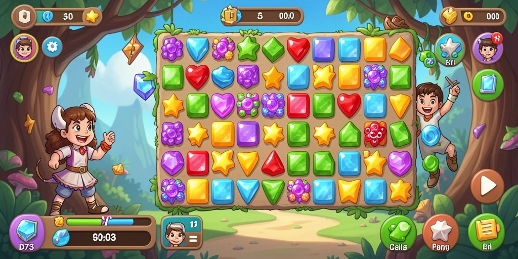Tangkapan layar D73 menampilkan gameplay seru Match-3 dengan warna cerah.