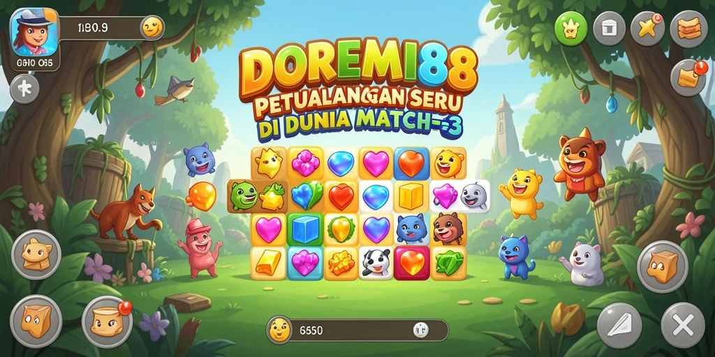 Screenshot DOREMI88 menampilkan gameplay seru dengan kombinasi elemen Match-3 yang berwarna-warni.
