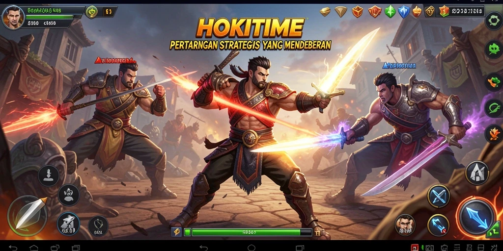 Tangkapan layar utama HOKITIME menampilkan pertempuran strategis yang intens.