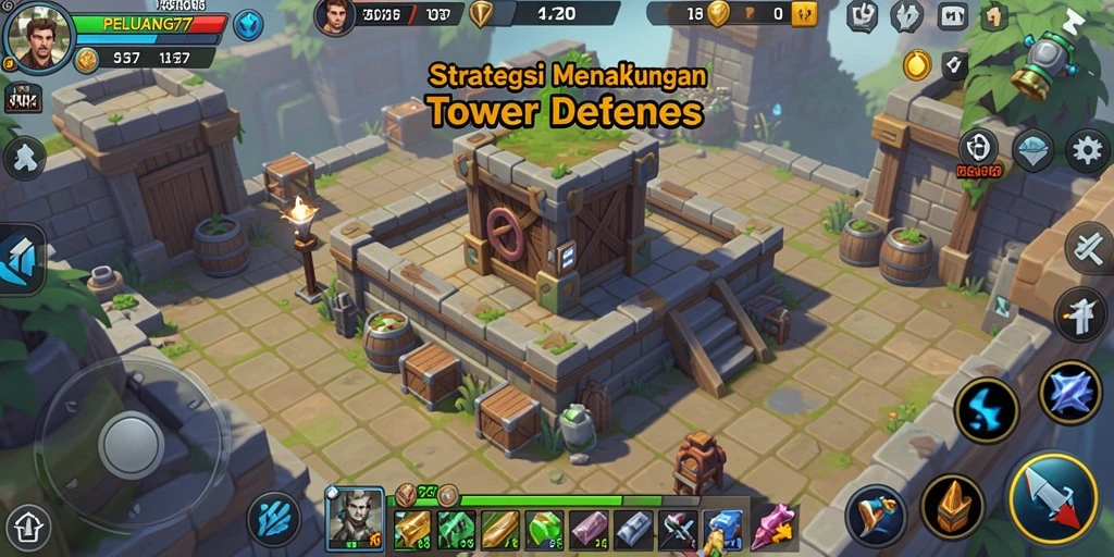 Screenshot gameplay PELUANG77 menampilkan serangan menara dalam Tower Defense.