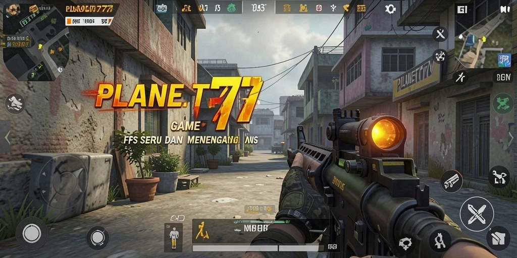 Tangkapan layar utama PLANET77 menampilkan aksi intens dalam gameplay FPS.